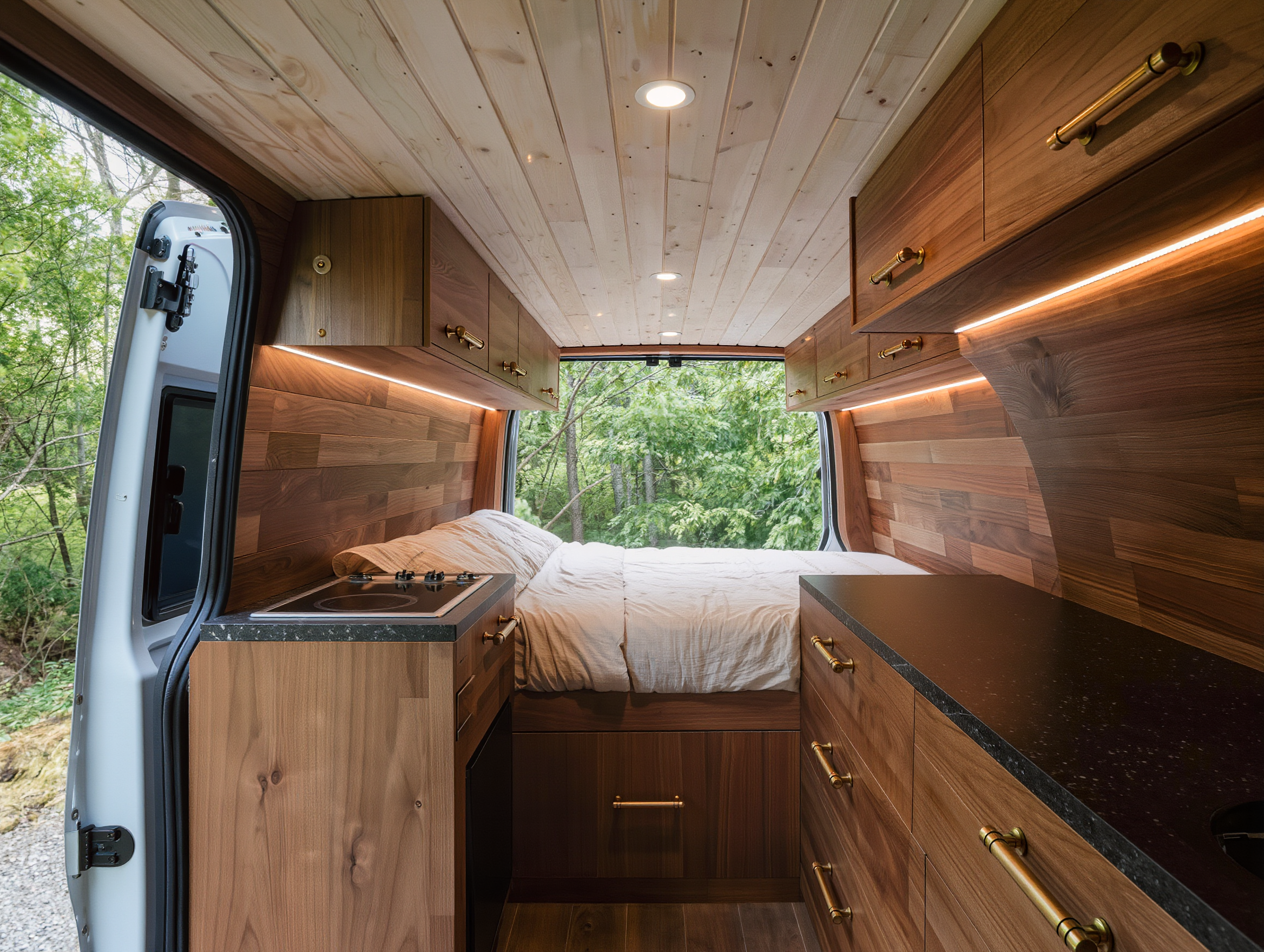 Walnut and white oak camper van interior