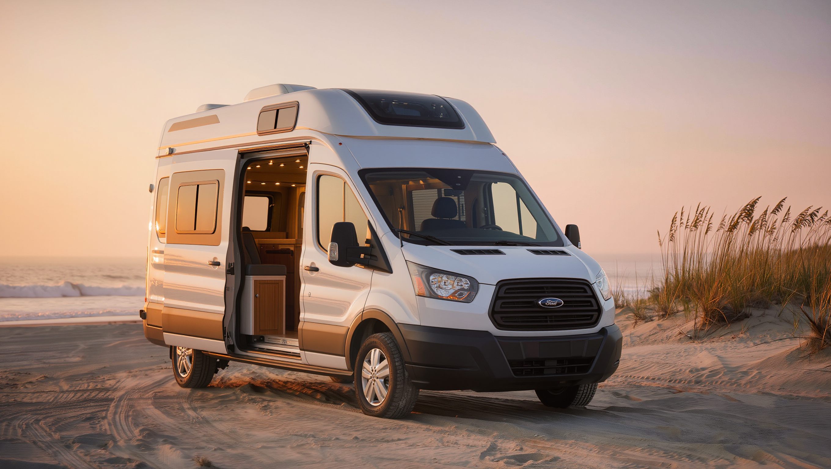 White camper van on the Outer Banks at sunrise